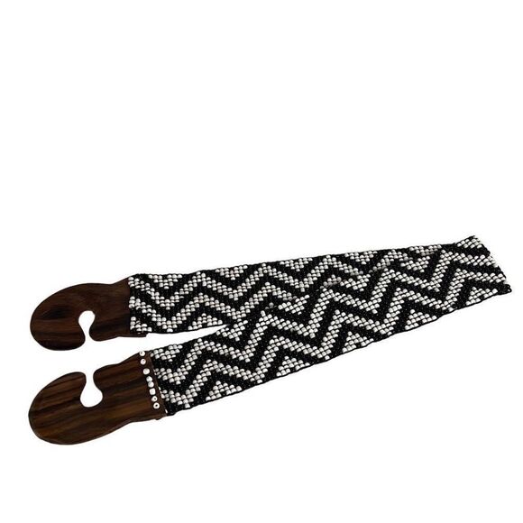 Vintage Beaded Black & White Stretch Belt with Wooden Clasp